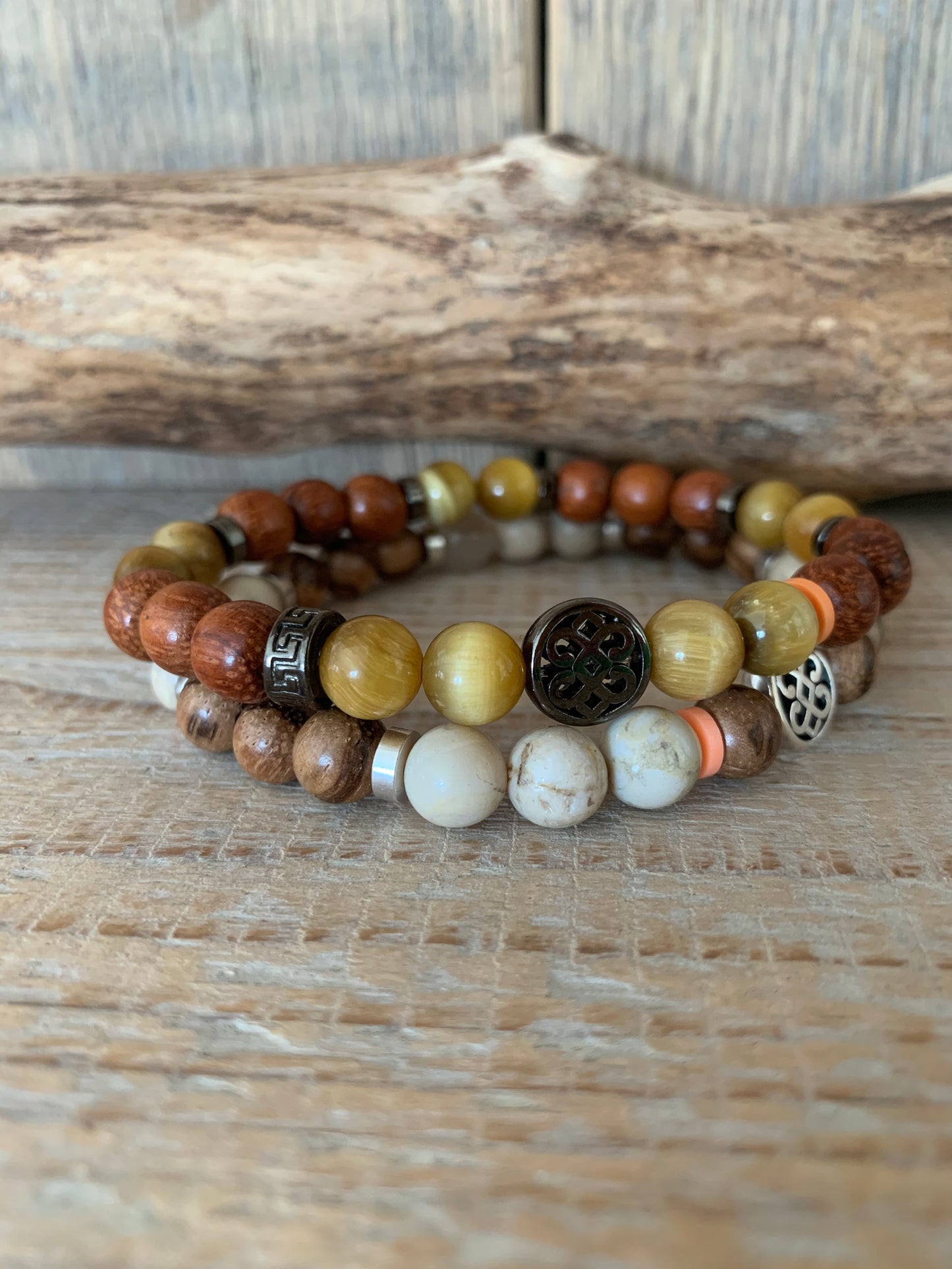 Bracelet homme en œil de tigre – Fait main – Élastique – 3 tailles - Bracelet homme en opale beige