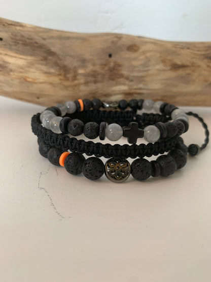 Bracelet homme en labradorite – Fait main – Élastique – 3 tailles - Bracelet en pierre de lave - Bracelet macramé