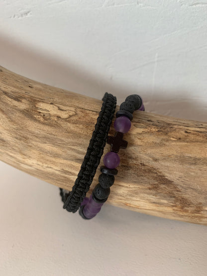 Bracelet homme en améthyste – Fait main – Élastique – 3 tailles - Bracelet macramé