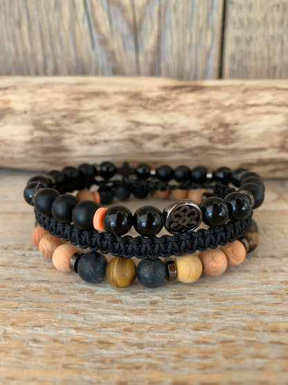 OZE by Virginie - Bracelet homme obsidienne noire – Élastique – Fait main – Pierre noire - Bracelet macramé - Bracelet oeil de tigre