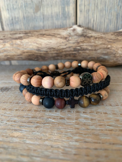 OZE by Virginie - Bracelet homme œil de tigre – Élastique – Fait main – Pierre brun doré - Bracelet en bois - Bracelet macramé