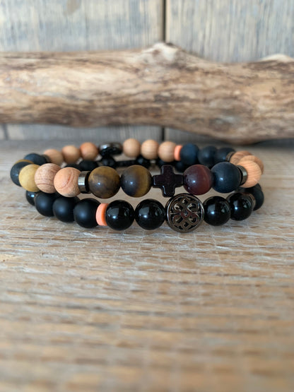 OZE by Virginie - Bracelet homme œil de tigre – Élastique – Fait main – Pierre brun doré - Bracelet en obsidienne noir