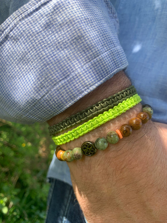 OZE by Virginie - Bracelet homme en opale verte – Fait main – Élastique – 3 tailles - Bracelet macramé