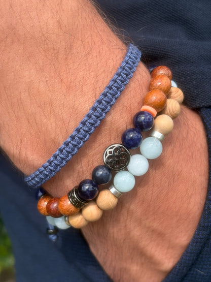 OZE by Virginie - Bracelet homme en aigue-marine – Fait main – Élastique – 3 tailles - Bracelet macramé - Bracelet sodalite