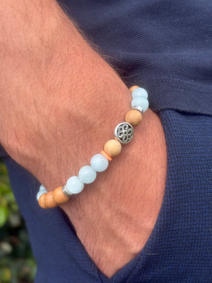 OZE by Virginie - Bracelet homme en aigue-marine – Fait main – Élastique – 3 tailles