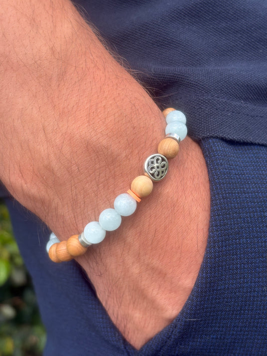 OZE by Virginie - Bracelet homme en aigue-marine – Fait main – Élastique – 3 tailles