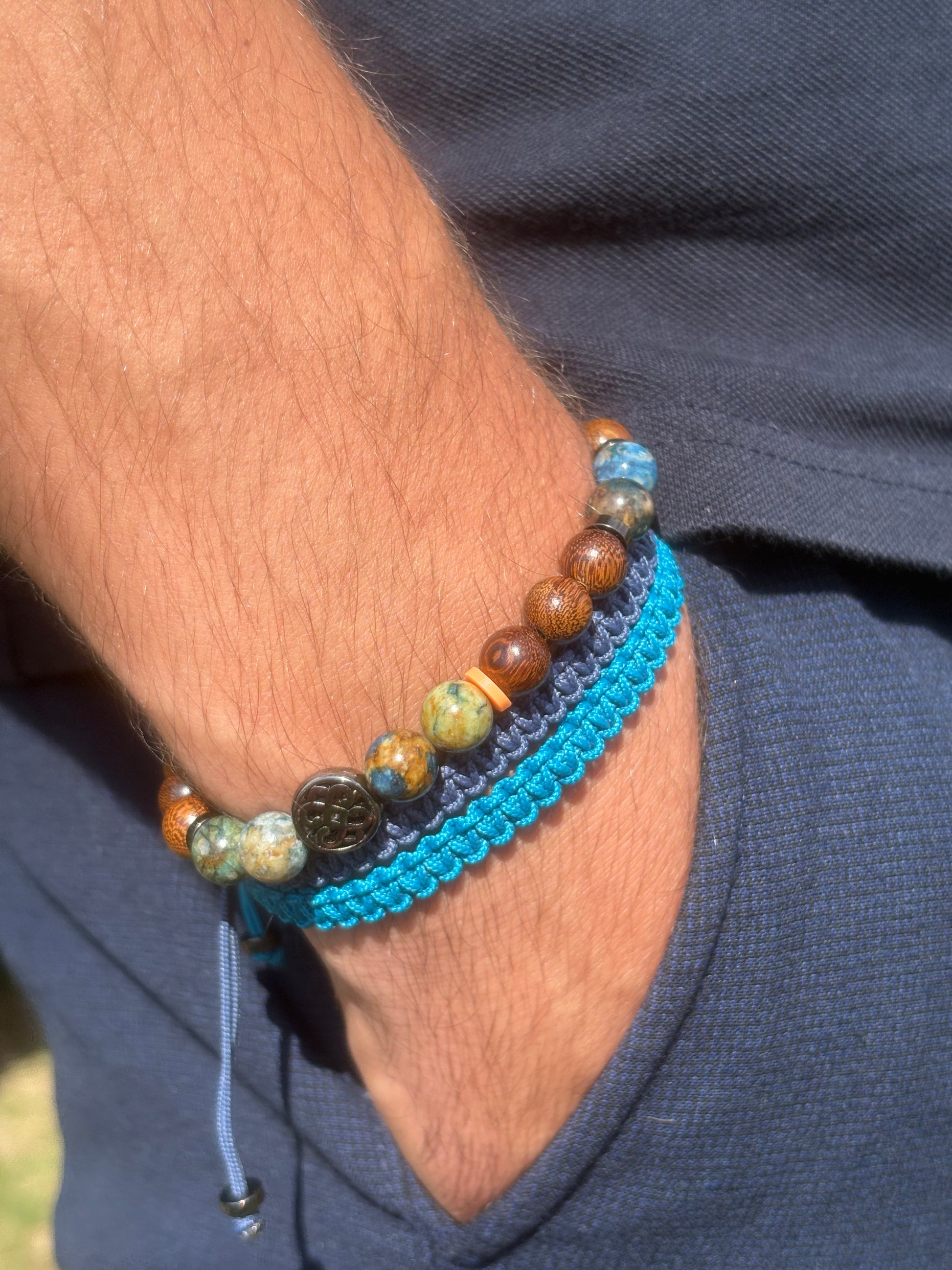 OZE by Virginie - Bracelet homme en azurite – Fait main – Élastique – 3 tailles - Bracelet macramé