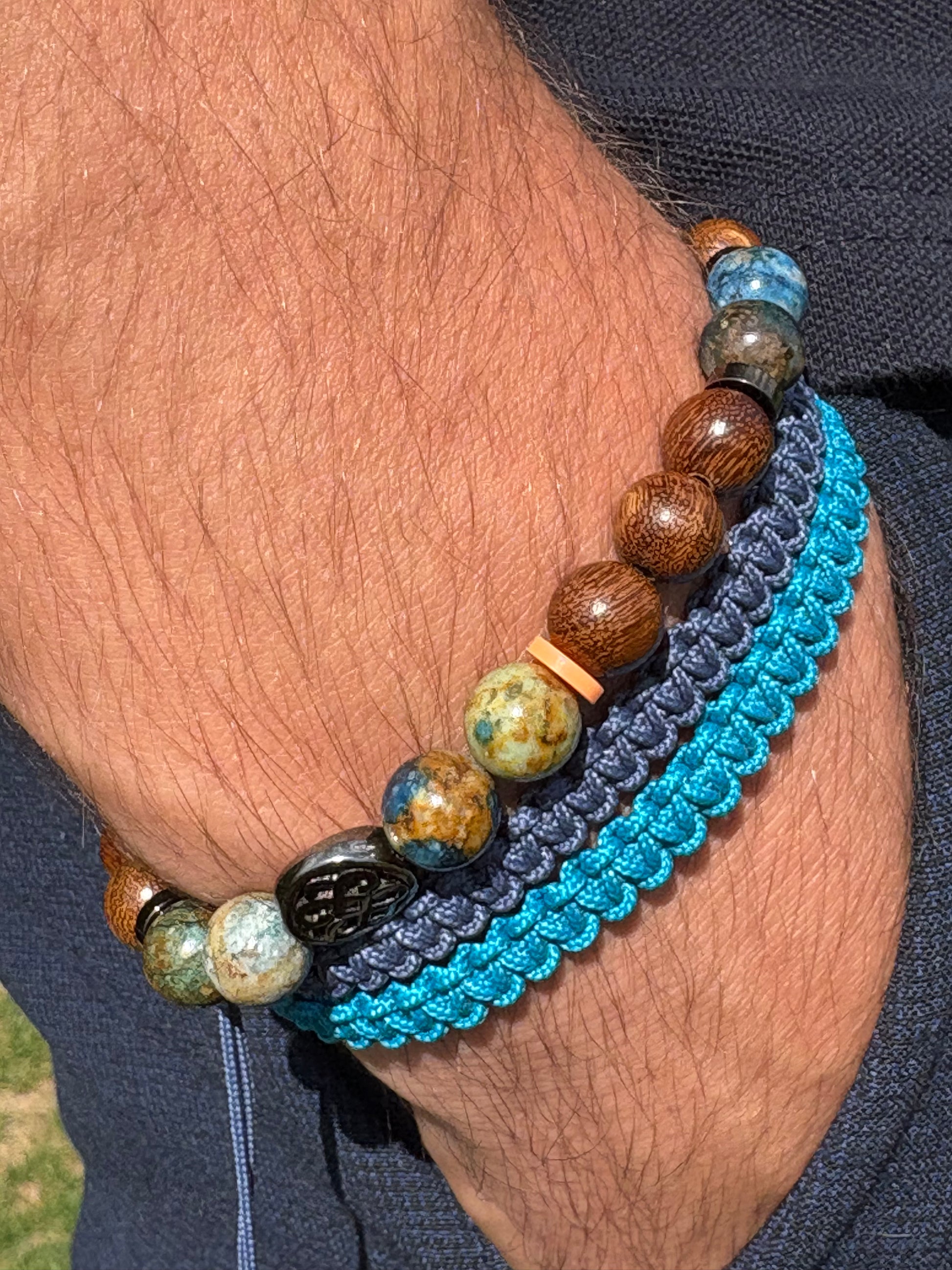 OZE by Virginie - Bracelet homme en azurite – Fait main – Élastique – 3 tailles - Bracelet macramé