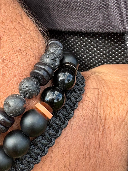 Bracelet homme en pierre de lave – Fait main – Élastique – 3 tailles - Bracelet onyx - Bracelet macramé