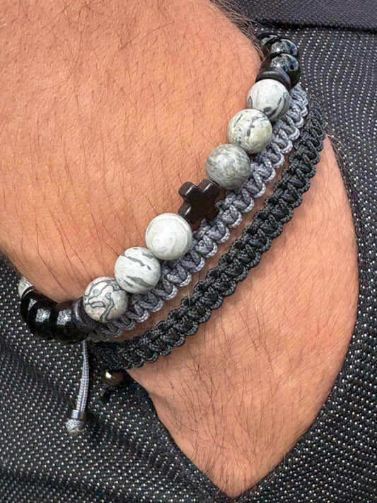 OZE by Virginie -Bracelet homme en jaspe Picasso – Fait main – Élastique – 3 tailles