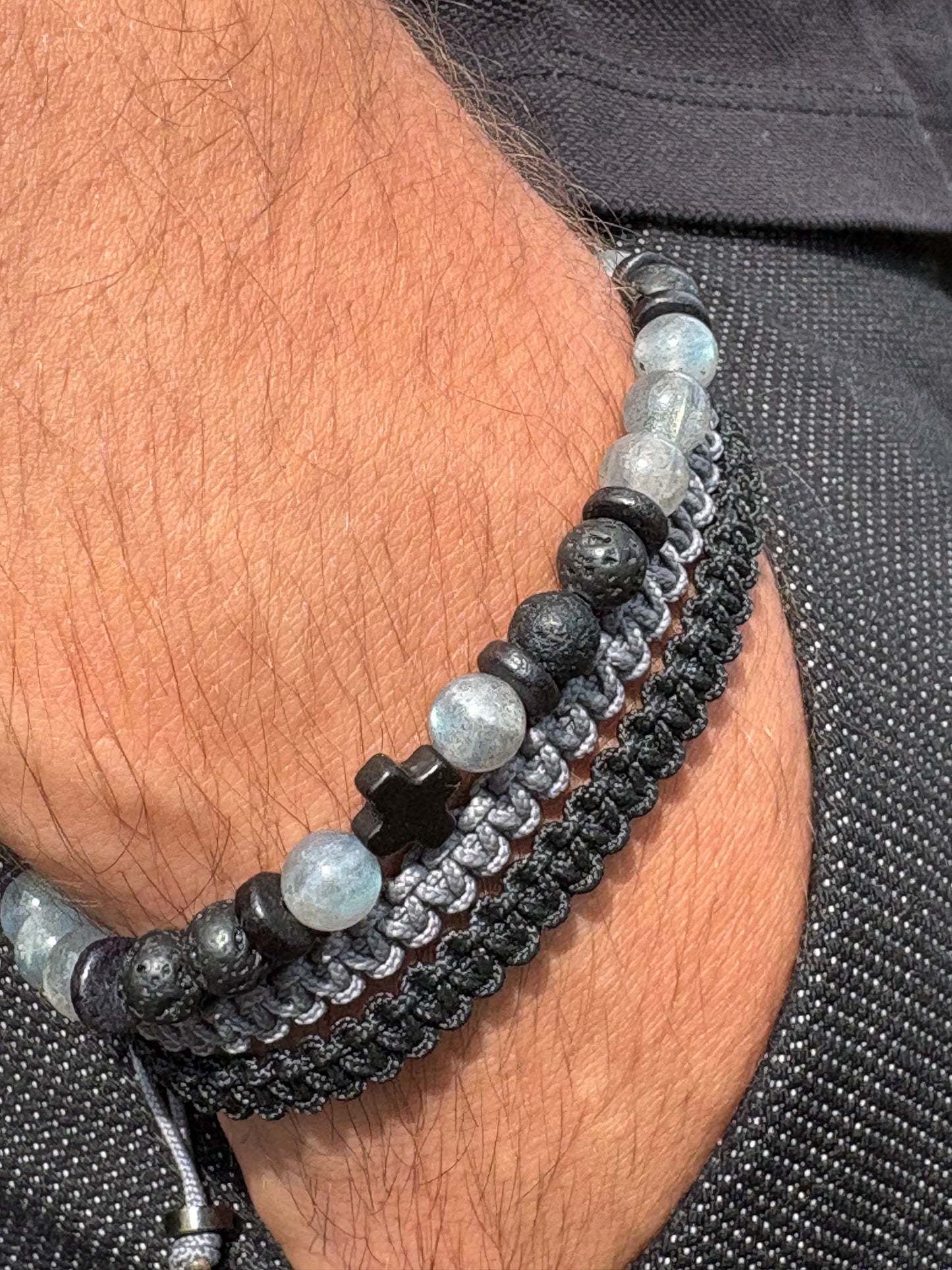 Bracelet homme en labradorite – Fait main – Élastique – 3 tailles - Bracelet macramé
