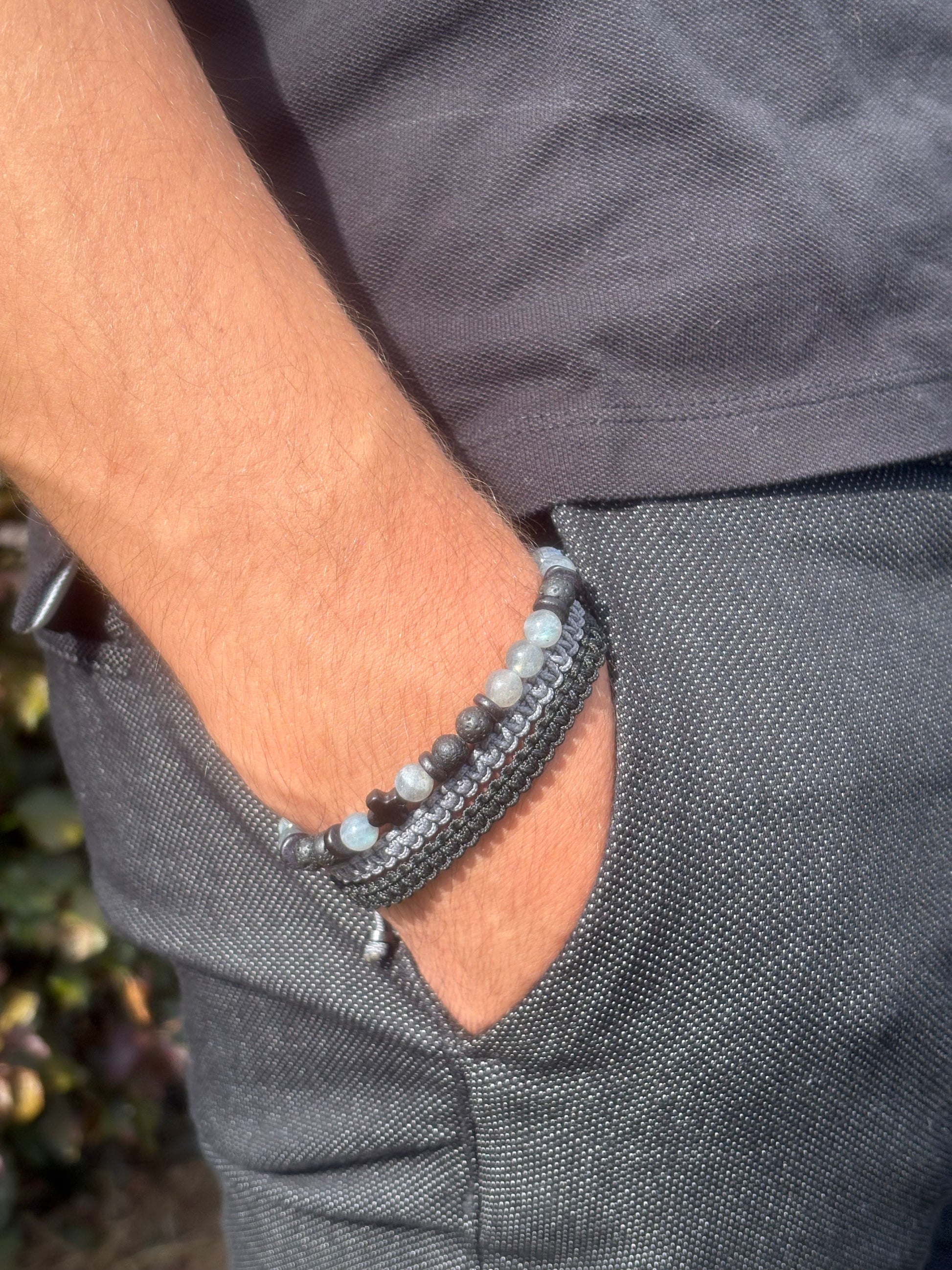 Bracelet homme en labradorite – Fait main – Élastique – 3 tailles - Bracelet macramé