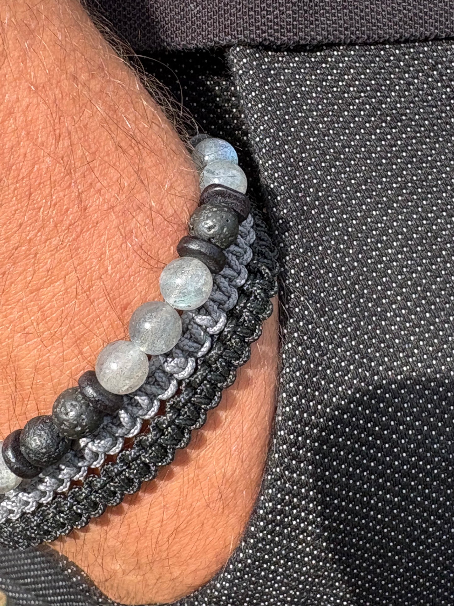 Bracelet homme en labradorite – Fait main – Élastique – 3 tailles - Bracelet macramé