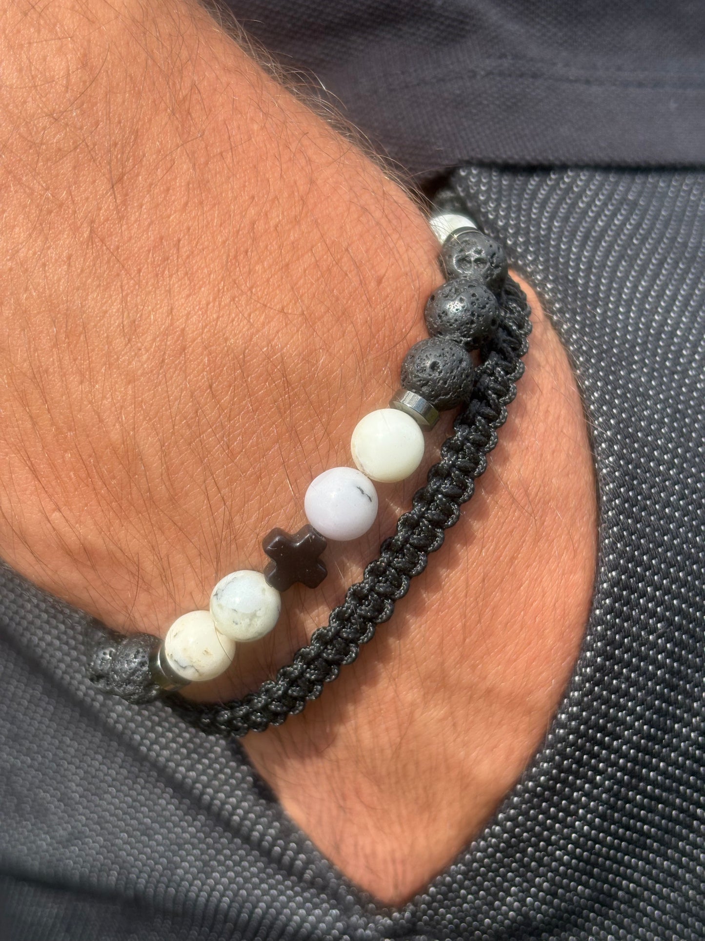 Bracelet homme en agate dendritique – Fait main – Élastique – 3 tailles - Bracelet macramé - Pierre de lave