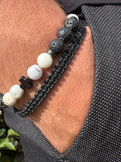 Bracelet homme en agate dendritique – Fait main – Élastique – 3 tailles - Bracelet macramé - Pierre de lave