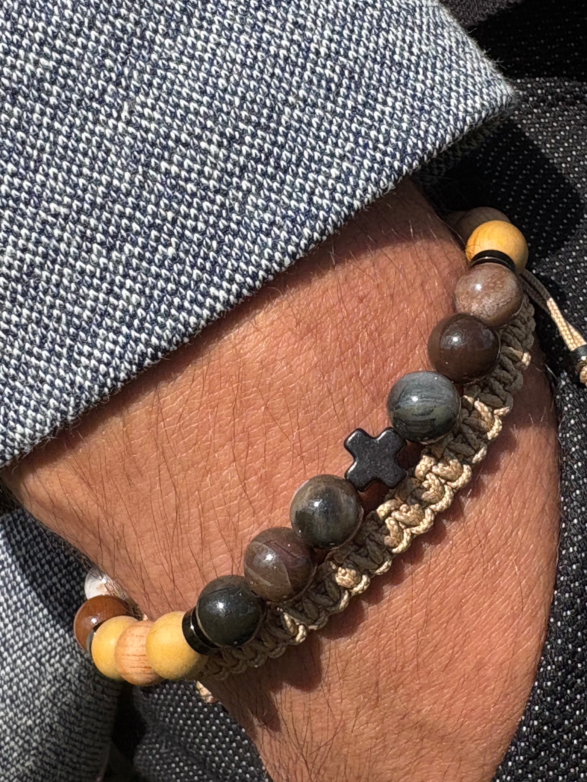 OZE by Virginie -Bracelet homme en bois pétrifié – Fait main – Élastique – 3 tailles