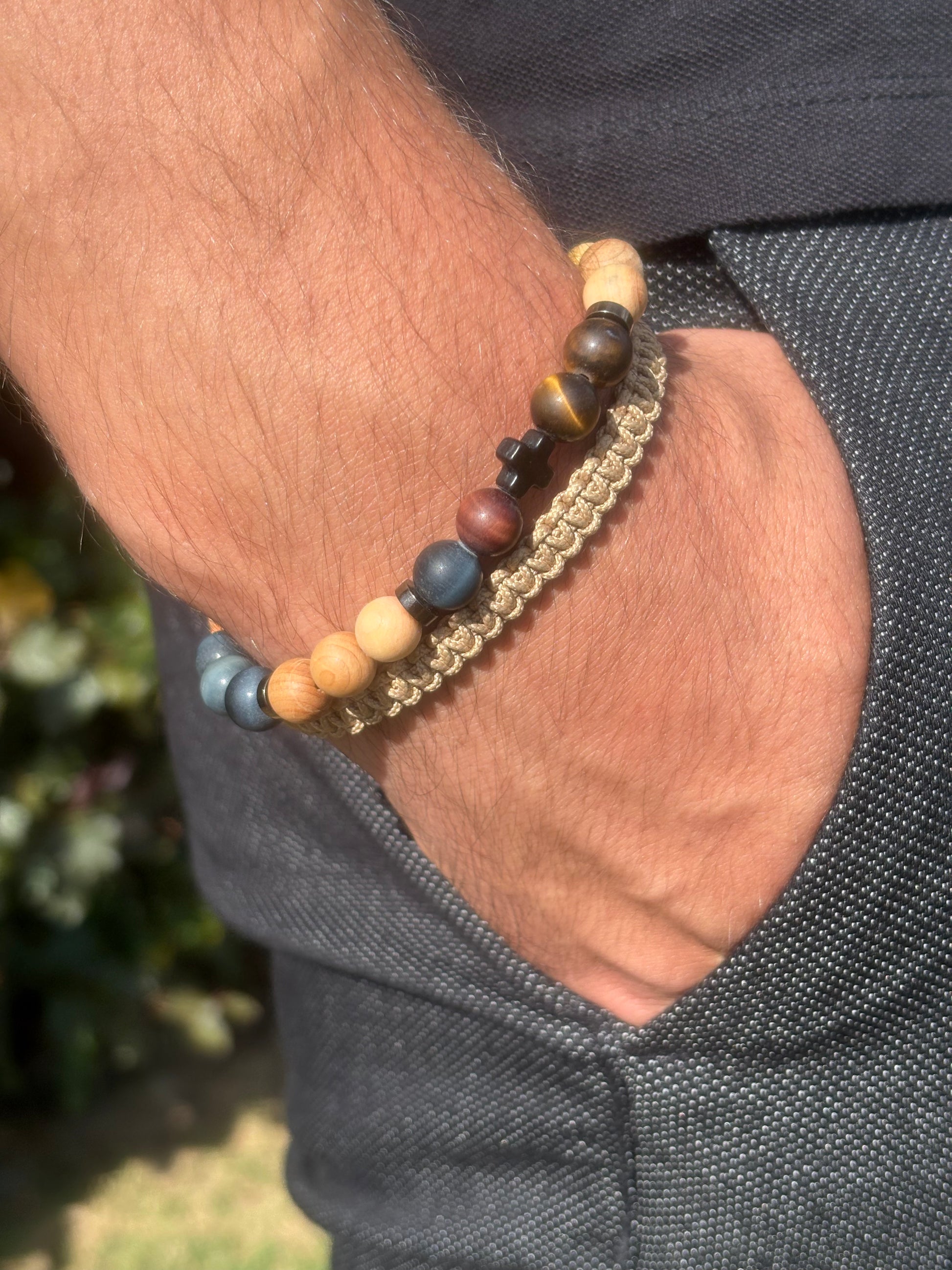 OZE by Virginie - Bracelet homme œil de tigre – Élastique – Fait main – Pierre brun doré - Bracelet macramé