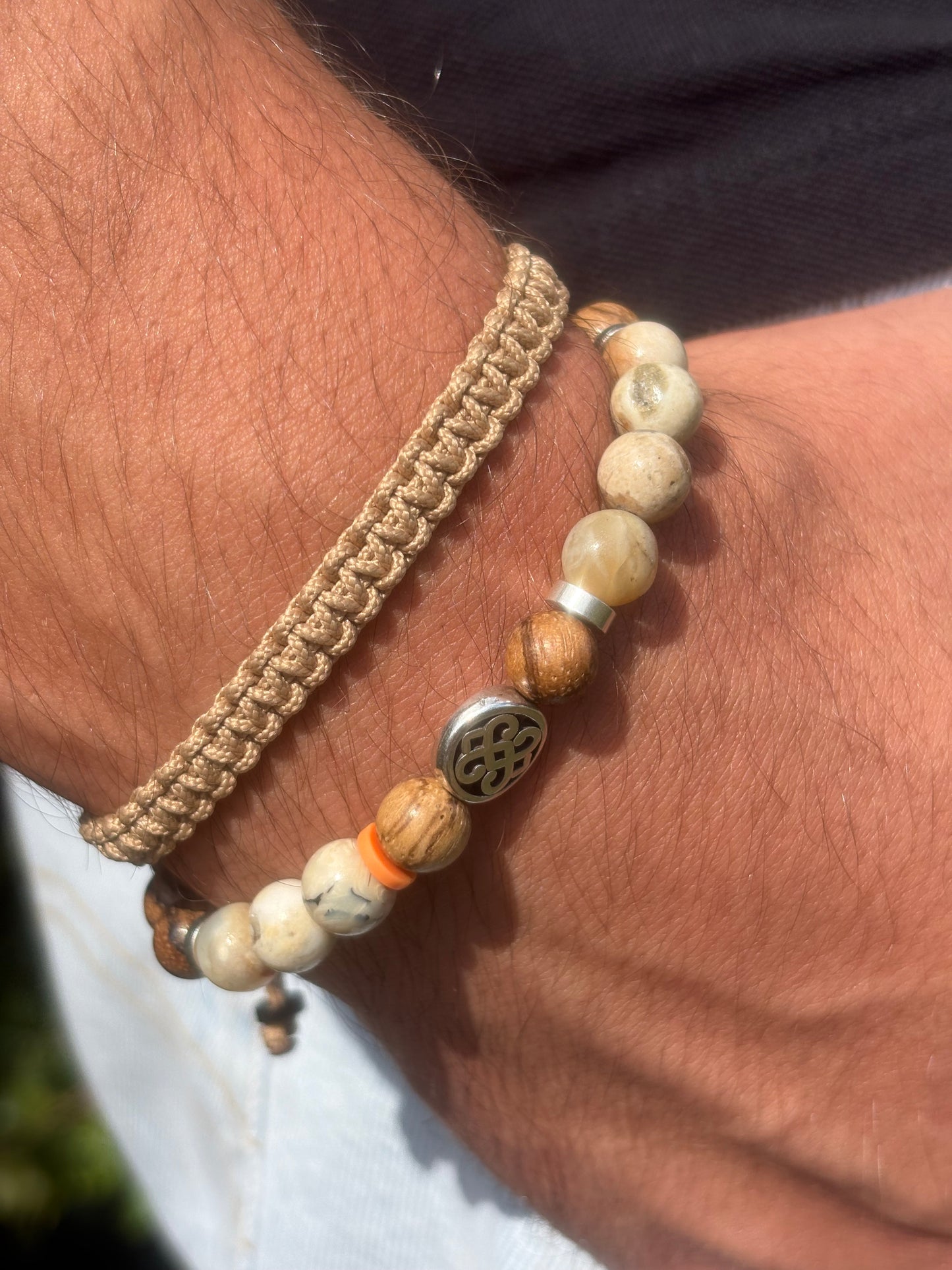 OZE by Virginie - Bracelet homme en opale beige – Fait main – Élastique – 3 tailles - bracelet macramé