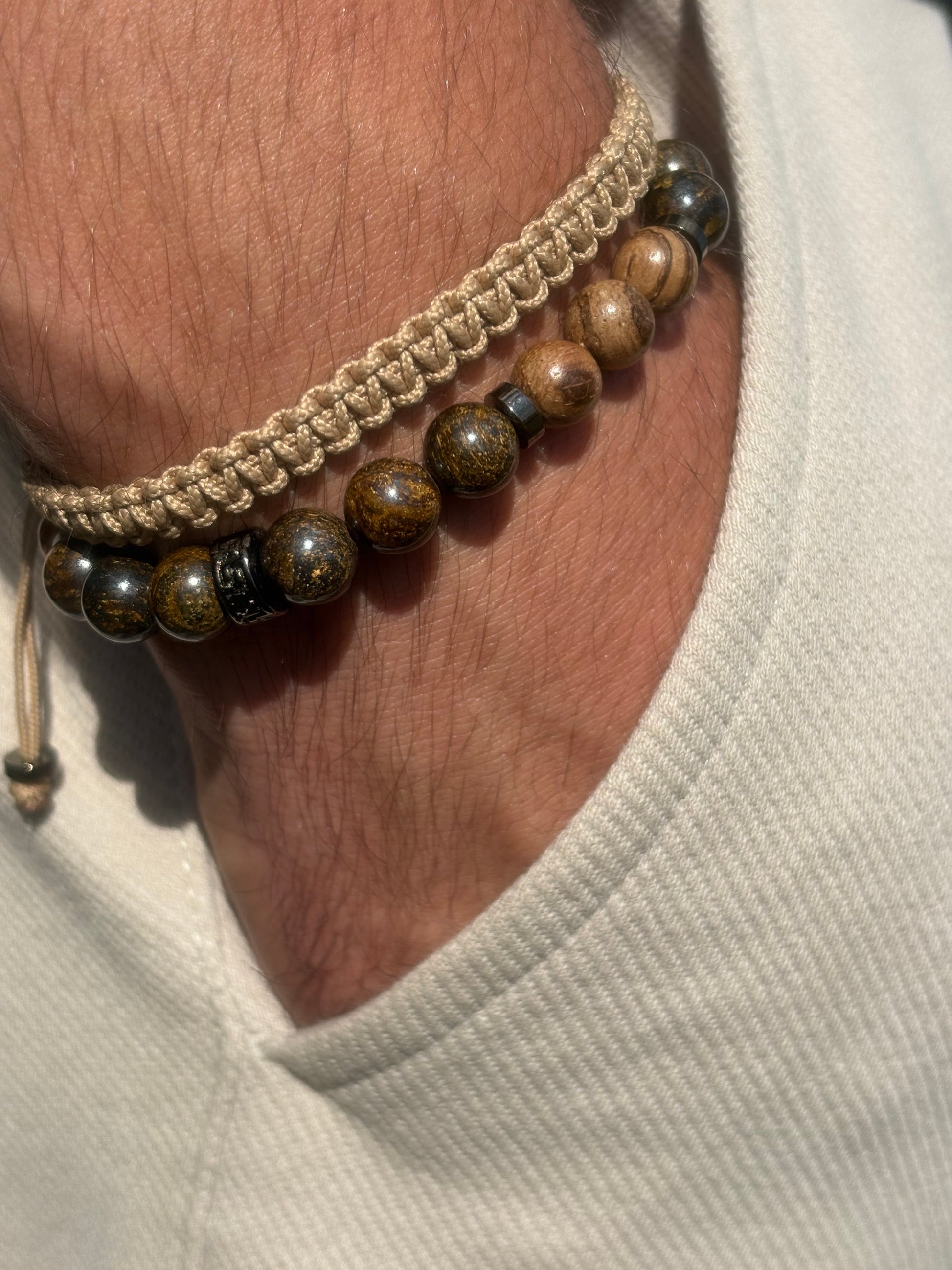 OZE by Virginie - Bracelet homme en bronzite – Fait main – Élastique – 3 tailles - Bracelet macramé