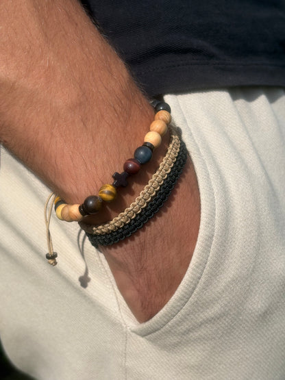 OZE by Virginie - Bracelet homme œil de tigre – Élastique – Fait main – Pierre brun doré - Bracelet macramé