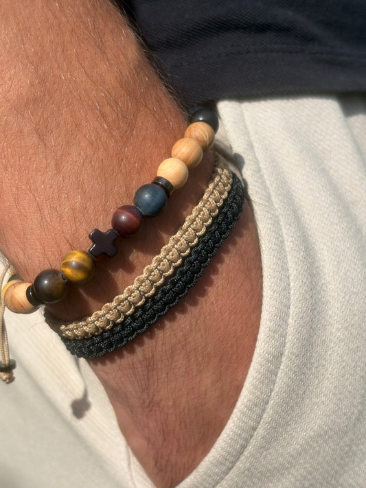 OZE by Virginie - Bracelet homme œil de tigre – Élastique – Fait main – Pierre brun doré - Bracelet macramé