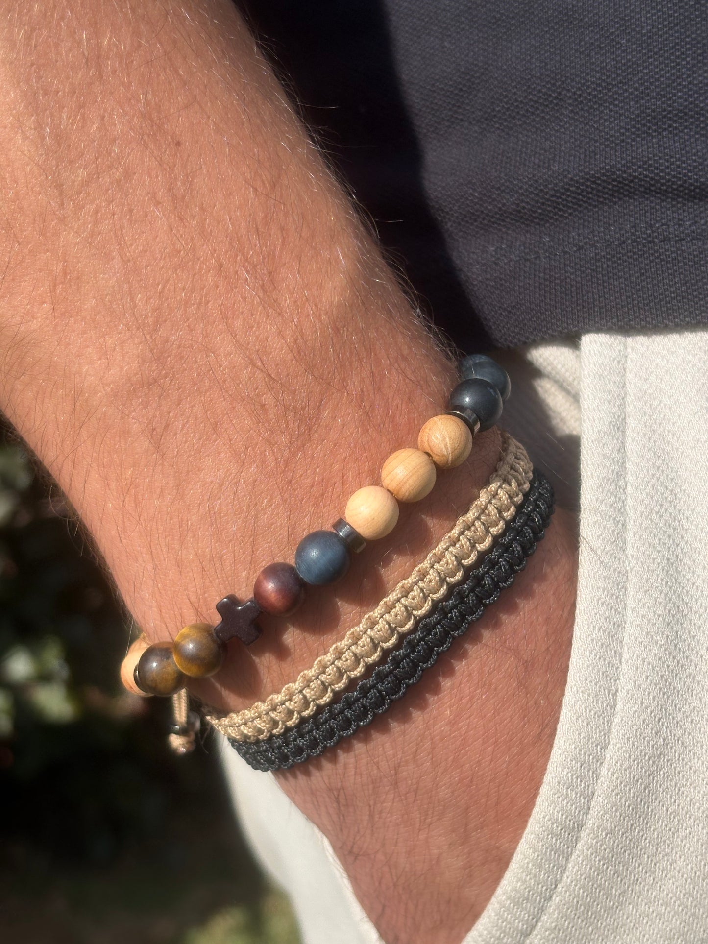 OZE by Virginie - Bracelet homme œil de tigre – Élastique – Fait main – Pierre brun doré - Bracelet macramé