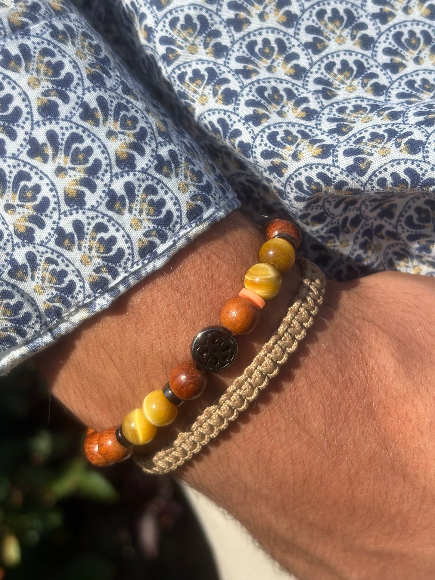 OZE by Virginie - Bracelet homme en œil de tigre – Fait main – Élastique – 3 tailles - Bracelet macramé