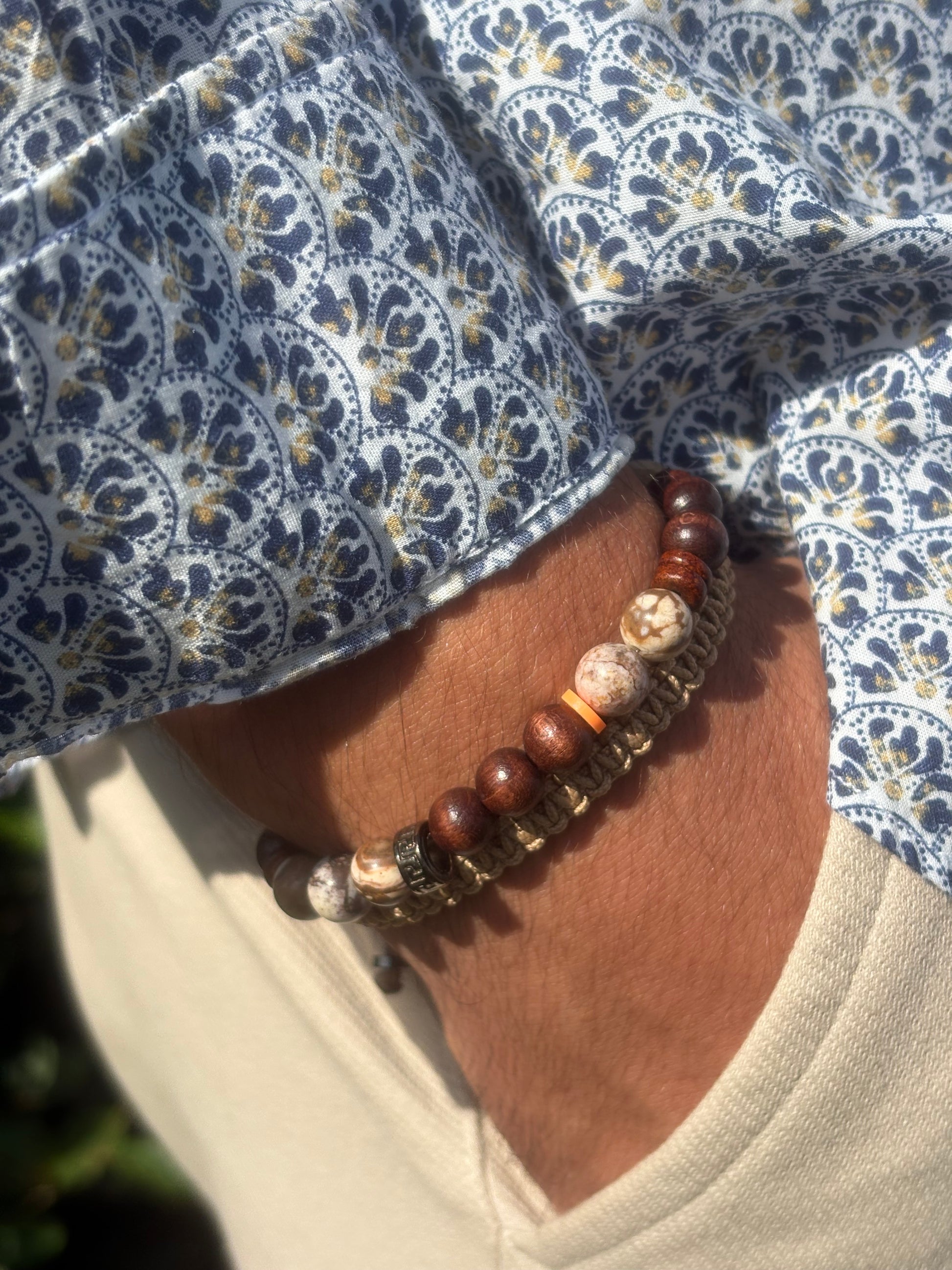 Bracelet homme en agate coffee – Fait main – Élastique – 3 tailles - Bracelet macramé