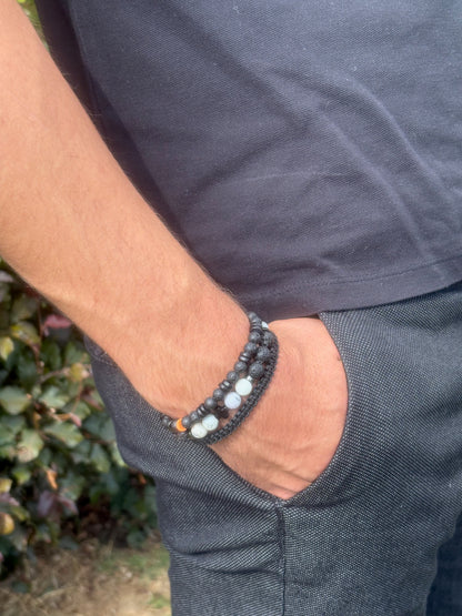 bracelet homme pierres naturelles noir et gris - bracelet macramé noir - bracelet pierre de lave