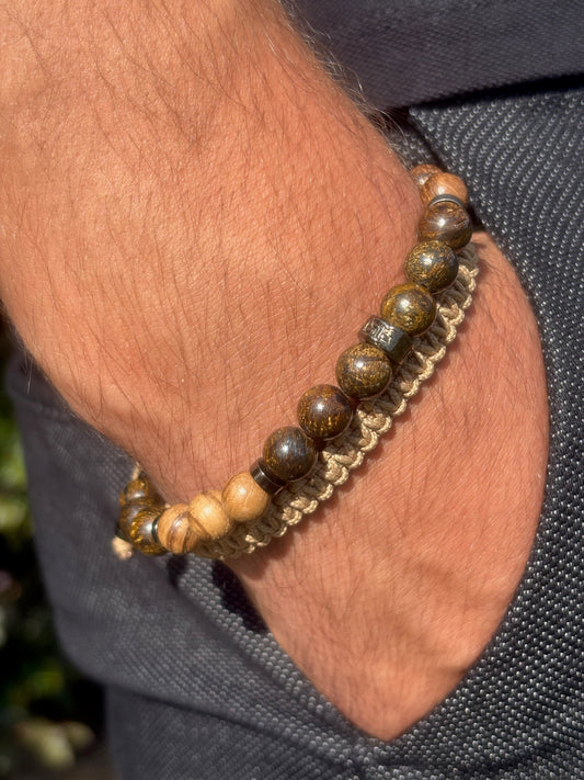 bracelet homme bronzite mate porté poignet bracelet macramé 