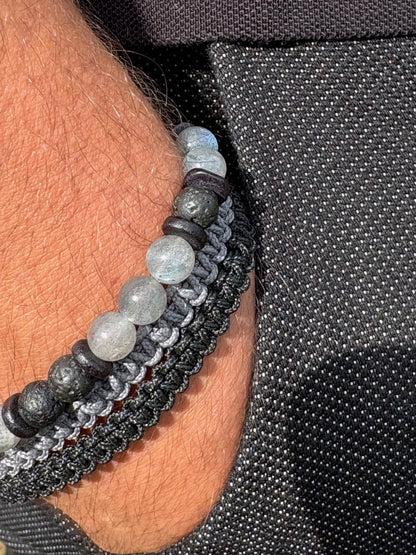 bracelet homme labradorite pierre de lave porté poignet bracelet macramé