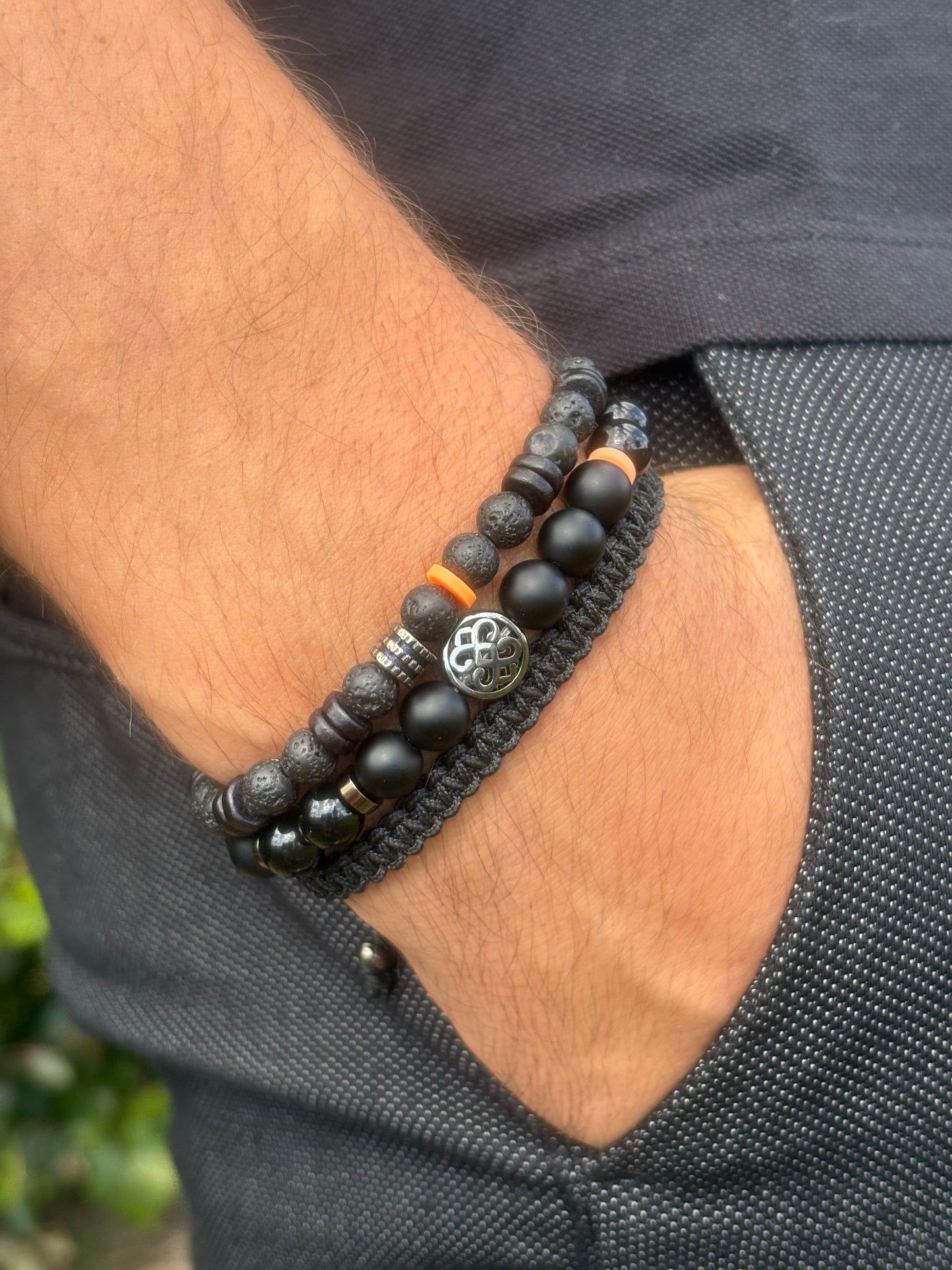 bracelet homme obsidienne noire onyx porté poignet bracelet pierre de lave bracelet macramé